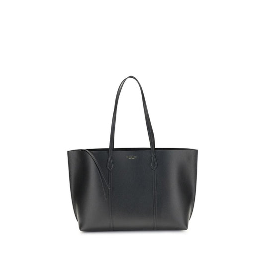Small Tote Handbag by Tory Burch for women in grained bos taurus calf leather black & monogram features a exquisite silhouette, showcasing a secure snap & button and exquisite laptop-compartment with versatile handle for a exquisite finish.