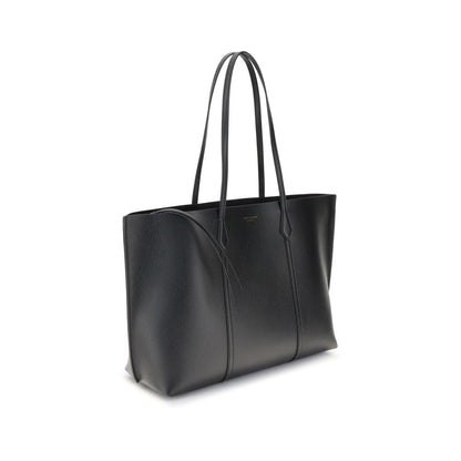 Small Tote Handbag by Tory Burch for women in grained bos taurus calf leather black & monogram features a refined silhouette, showcasing a secure snap & button, organized laptop-compartment, and versatile handle for a refined finish.