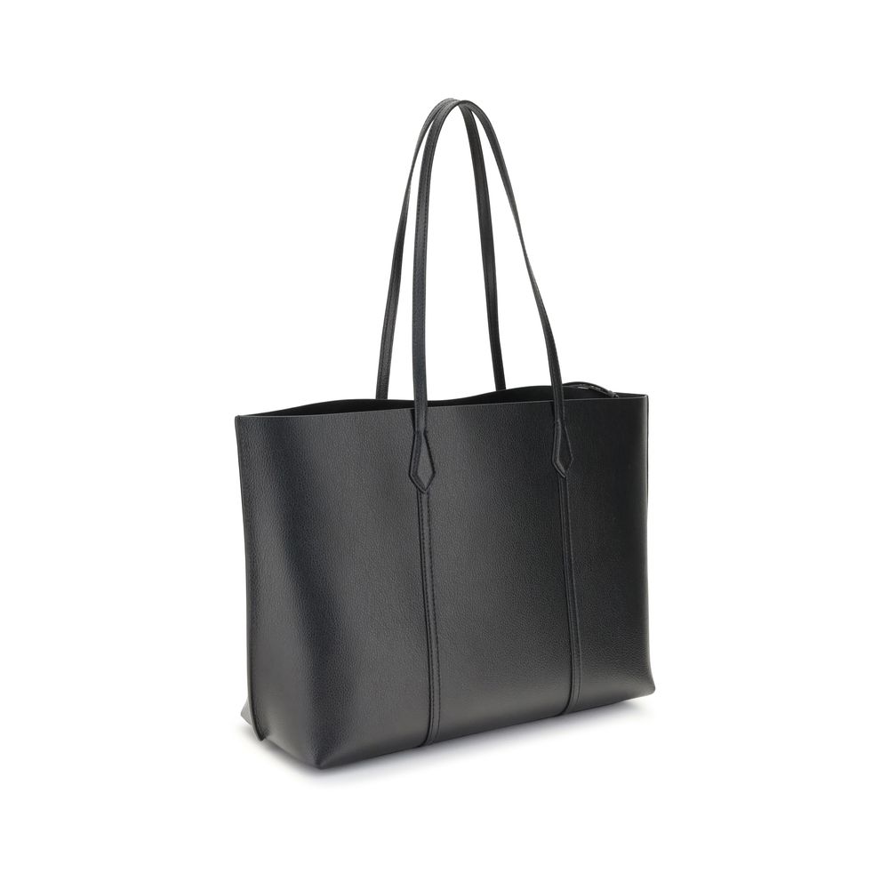 Small Tote Handbag by Tory Burch for women in grained bos taurus calf leather black & monogram features an refined silhouette, showcasing a secure snap & button, ample laptop-compartment, and versatile handle for a sophisticated refined aesthetic.