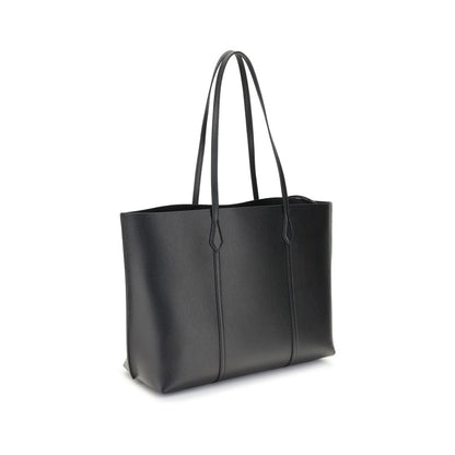 Small Tote Handbag by Tory Burch for women in grained bos taurus calf leather black & monogram features an refined silhouette, showcasing a secure snap & button, ample laptop-compartment, and versatile handle for a sophisticated refined aesthetic.