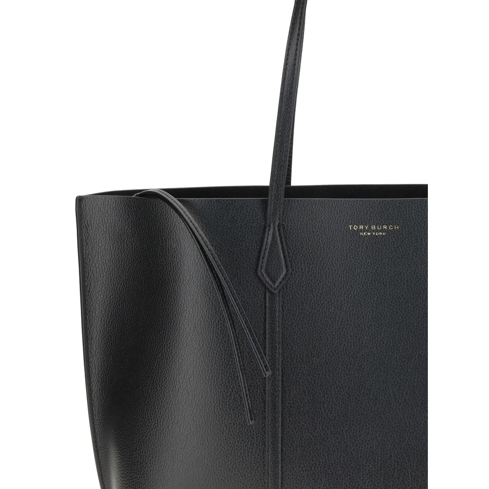 This Small Tote Handbag by Tory Burch for women in grained bos taurus calf leather and black & monogram presents a sculptural silhouette featuring a secure snap & button, ample laptop-compartment, and versatile handle for a sculptural finish.