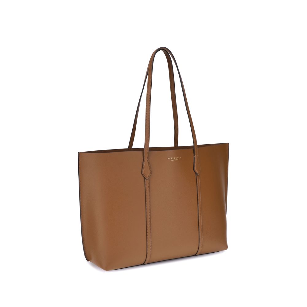 Small Tote Clutch Handbag by Tory Burch for women in bos taurus grained calf leather brown & gold features a contemporary silhouette, showcasing a secure , ample , and contemporary handle for a sophisticated look.