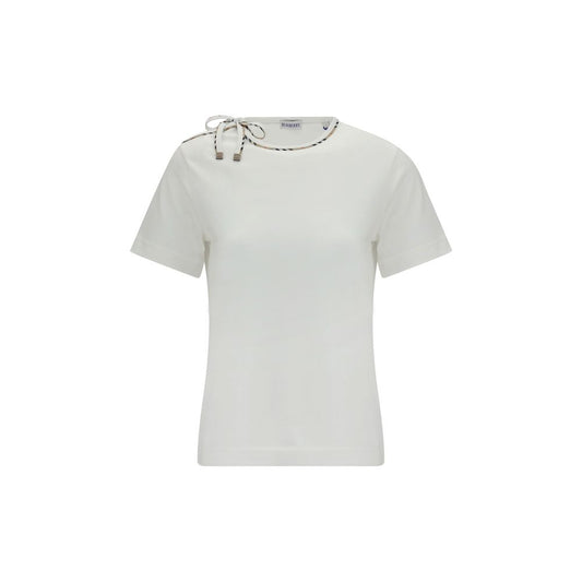 T-Shirt by Burberry for women in cotton beige, gold, sand & white showcases a fashionable silhouette, elegantly detailed with a fashionable and crew neckline for a sophisticated, high-fashion look.