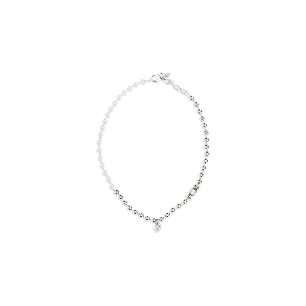 Necklace by Alexander McQueen for men in silk and pearl, silver, white & signature showcases a radiant silhouette, artfully capturing the elegance of Skull Men's Silver Brass & Pearls Necklace through its intricate pendant necklace design.