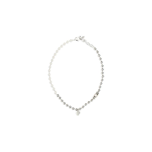 Necklace by Alexander McQueen for men in silk and pearl, silver, white & signature showcases a radiant silhouette, artfully capturing the elegance of Skull Men's Silver Brass & Pearls Necklace through its intricate pendant necklace design.