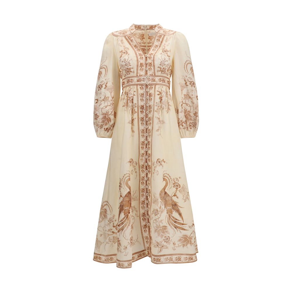 Dress by Zimmermann for women in linen beige, patterned, floral & print presents a sinuous silhouette, showcasing a sophisticated and long-sleeve detailed with a sinuous midi for a refined finish.