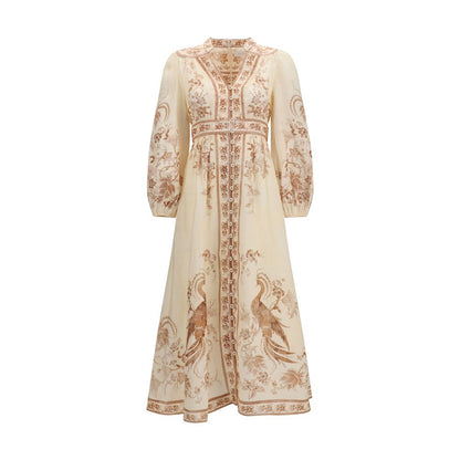 Dress by Zimmermann for women in linen beige, patterned, floral & print presents a sinuous silhouette, showcasing a sophisticated and long-sleeve detailed with a sinuous midi for a refined finish.