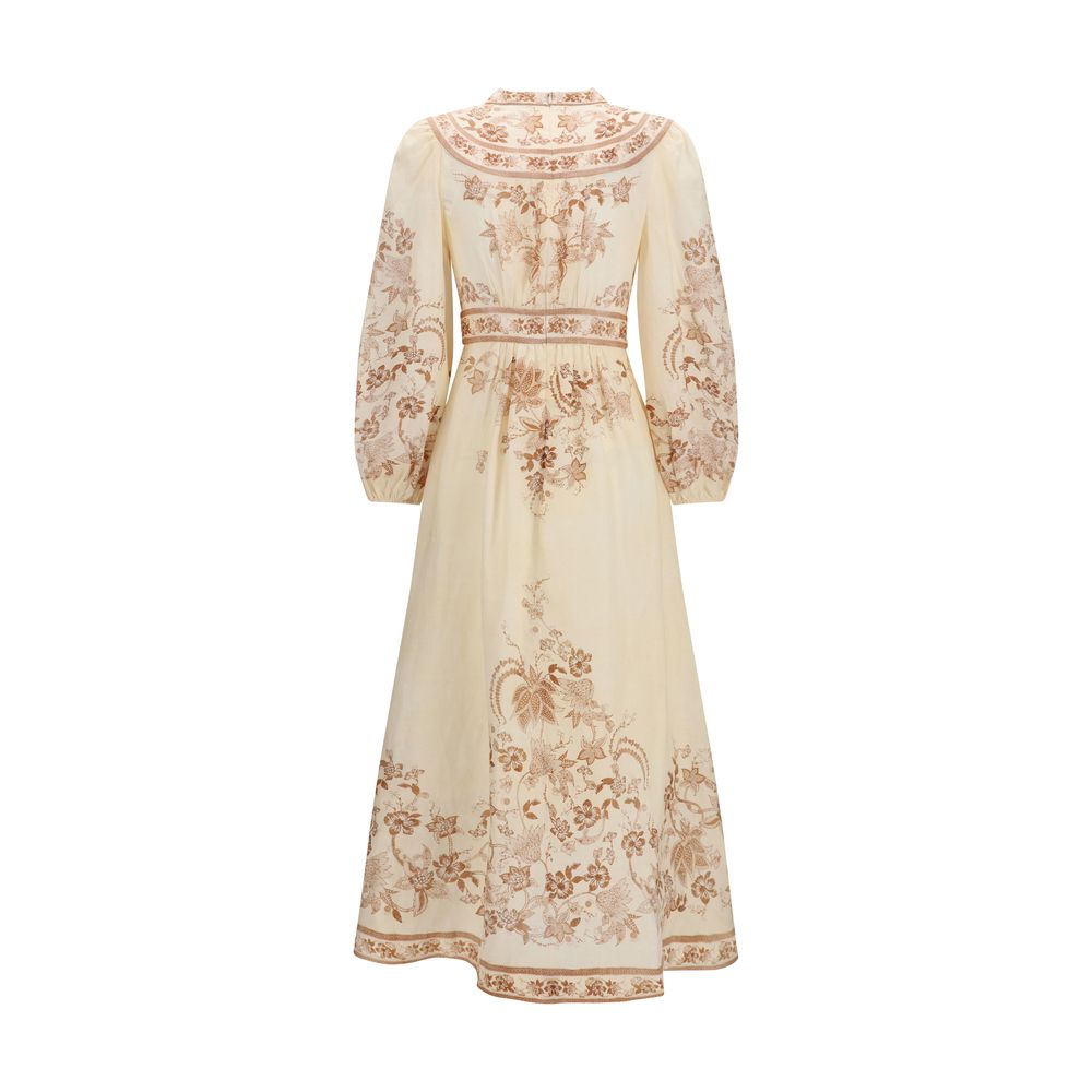 Dress by Zimmermann for women in linen beige, patterned, floral & print features an sultry silhouette defined by a and , falling to an sultry midi for a sultry look.
