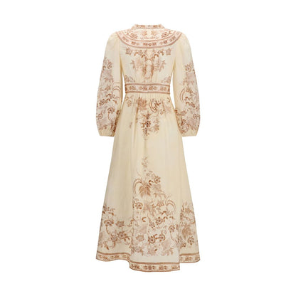 Dress by Zimmermann for women in linen beige, patterned, floral & print features an sultry silhouette defined by a and , falling to an sultry midi for a sultry look.