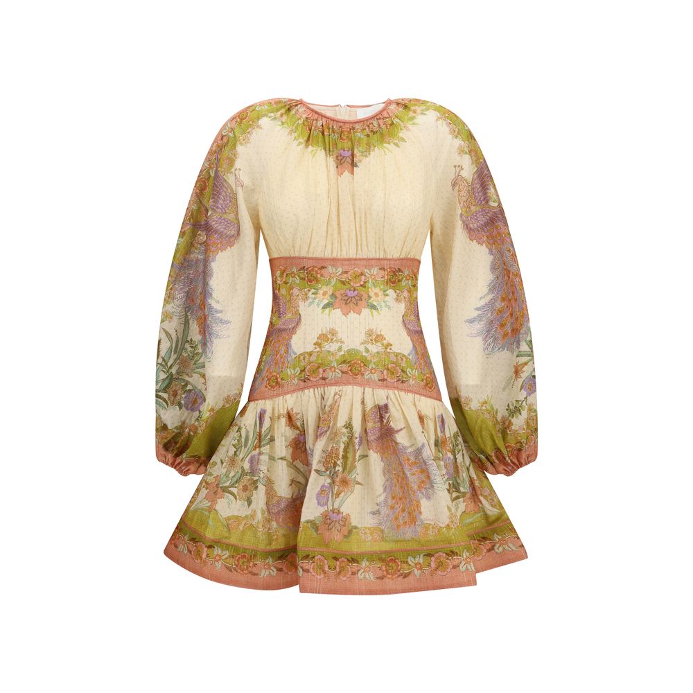 Dress by Zimmermann for women in silk & cotton multicolor, patterned & print features an cute silhouette, detailed with a long-sleeve and that elegantly flows into a cute short mini.