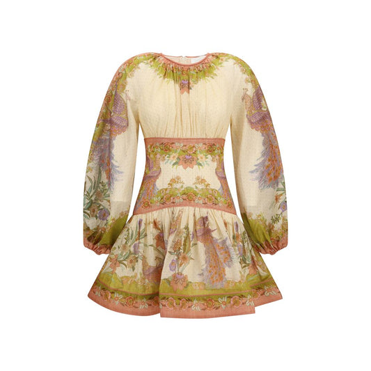 Dress by Zimmermann for women in silk & cotton multicolor, patterned & print features an cute silhouette, detailed with a long-sleeve and that elegantly flows into a cute short mini.