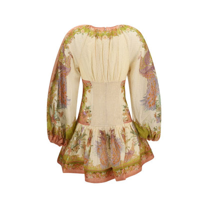 Dress by Zimmermann for women in silk & cotton multicolor, patterned & print features a dramatic silhouette, showcasing an elegant and that flows into a dramatic short mini.