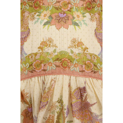 Dress by Zimmermann for women in silk & cotton multicolor, patterned & print features an eye catching silhouette with a sophisticated , elegant , and a refined short mini for a eye catching aesthetic.