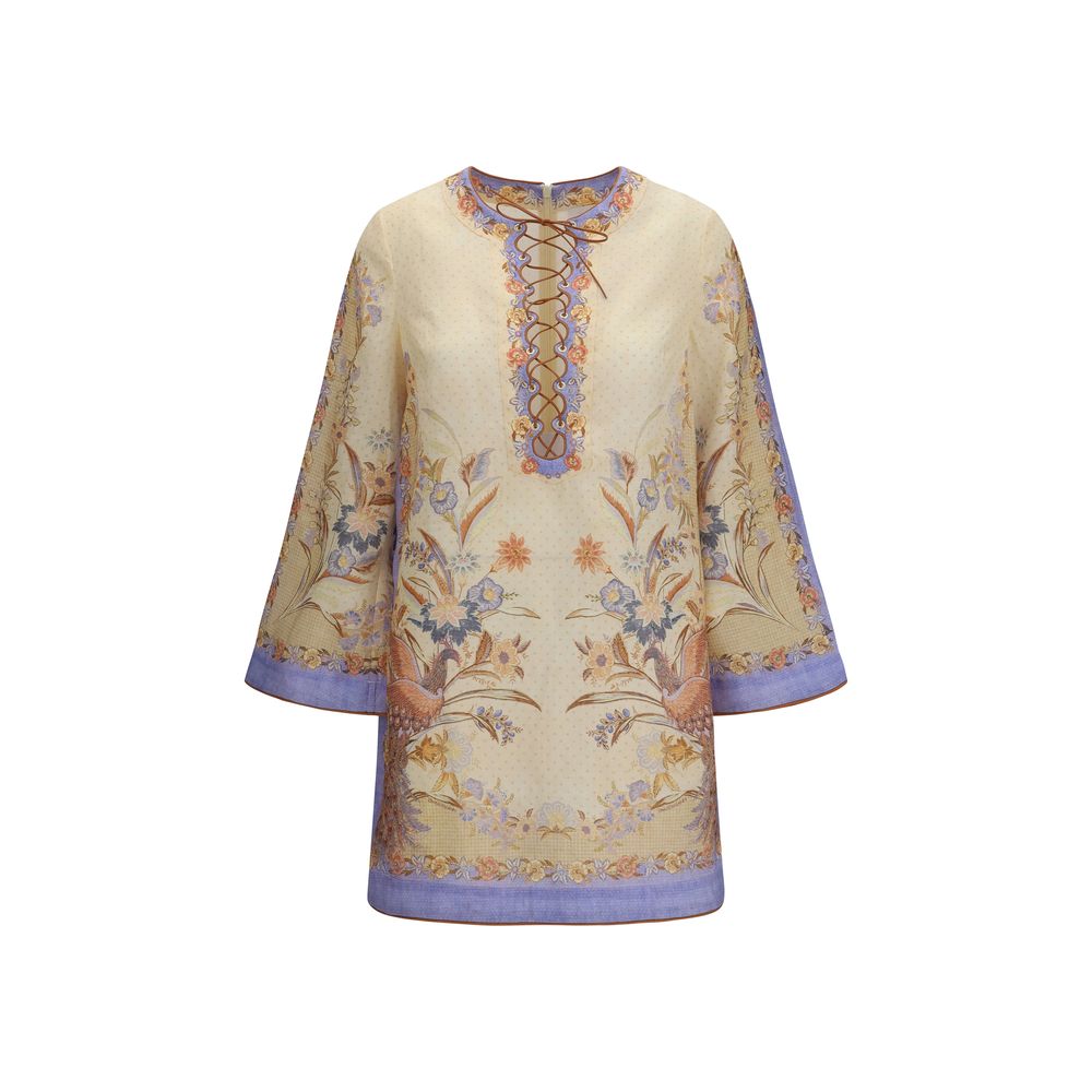 Dress by Zimmermann for women in linen multicolor, patterned, floral & print features an magnificent silhouette, artfully detailed with a magnificent and long-sleeve that flows into an magnificent short mini.