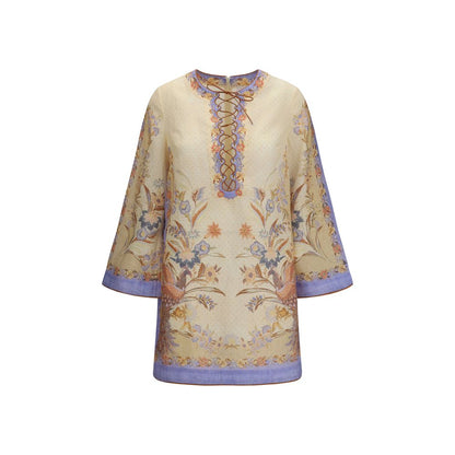 Dress by Zimmermann for women in linen multicolor, patterned, floral & print features an magnificent silhouette, artfully detailed with a magnificent and long-sleeve that flows into an magnificent short mini.