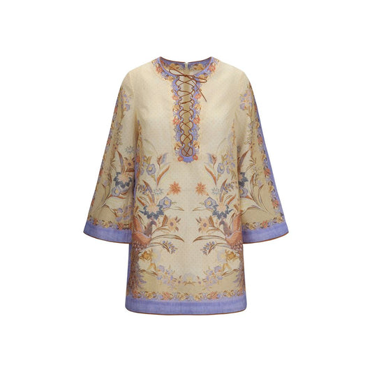 Dress by Zimmermann for women in linen multicolor, patterned, floral & print features an magnificent silhouette, artfully detailed with a magnificent and long-sleeve that flows into an magnificent short mini.
