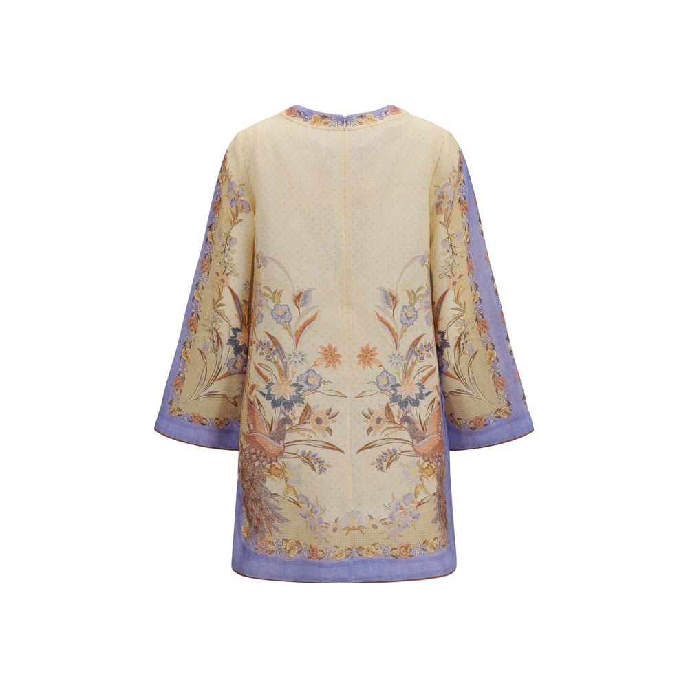 Dress by Zimmermann for women in linen multicolor, patterned, floral & print features an sultry silhouette defined by a and , falling to an sultry short mini for a sultry look.