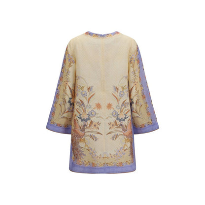 Dress by Zimmermann for women in linen multicolor, patterned, floral & print features an sultry silhouette defined by a and , falling to an sultry short mini for a sultry look.