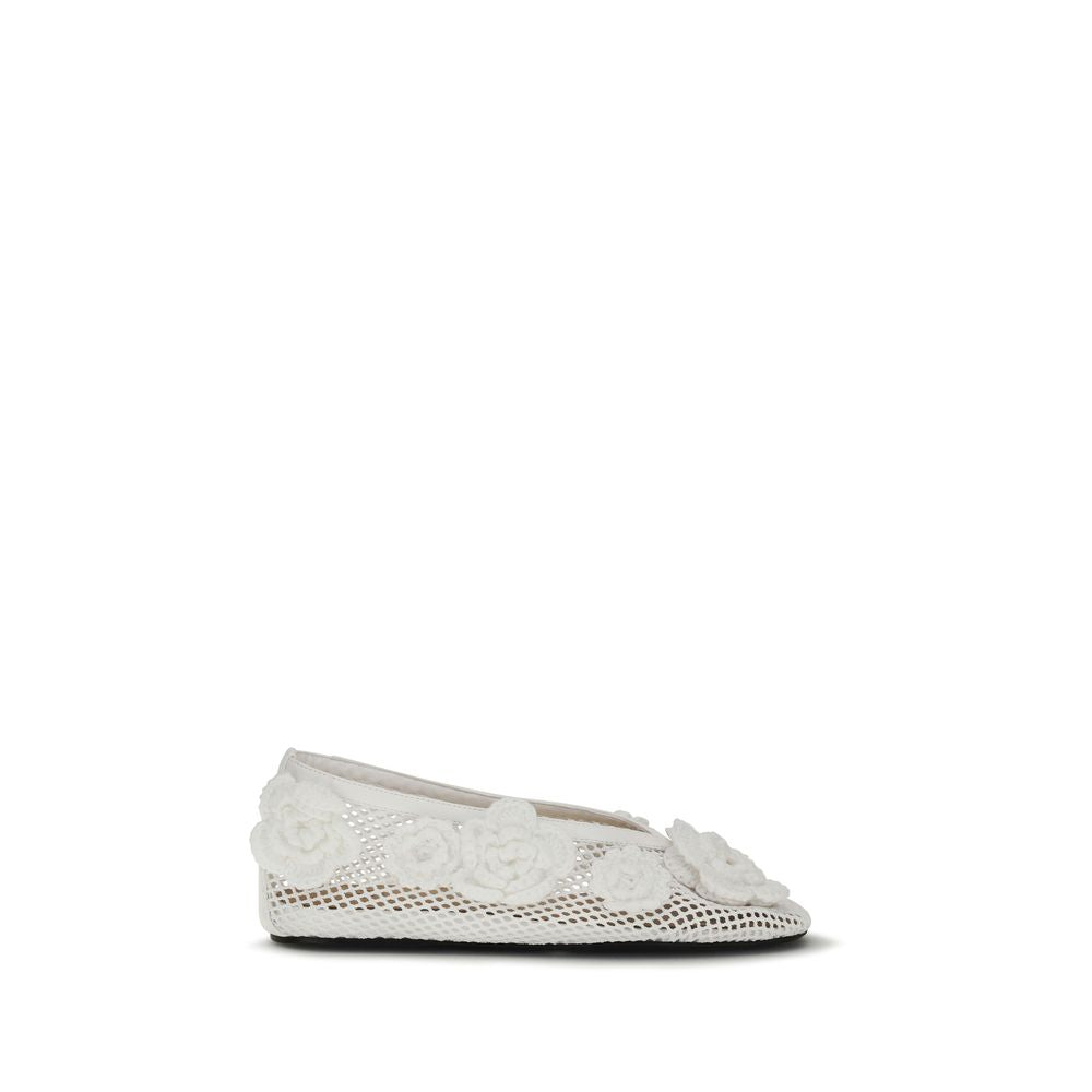 Ballet Flat Shoes by Ganni for women in polyethylene polyurethane & viscose white & floral presents a effortless chic silhouette, showcasing the Crochet Jenny Women's Polyethylene Polyurethane & Viscose Ballet Flat Shoes design with a effortless chic and square toe style for a sophisticated look.