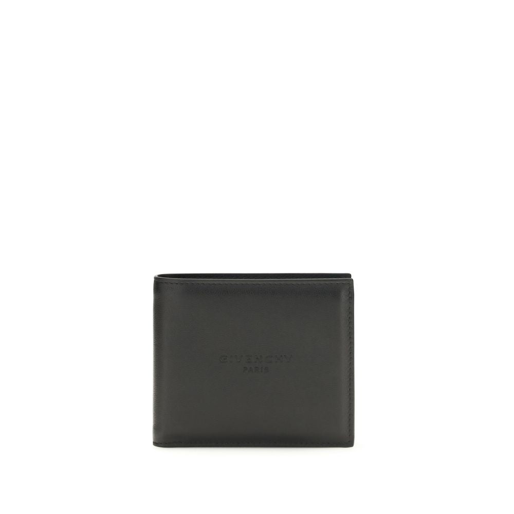 Wallet by Givenchy for men in bos taurus calfskin leather black, silver & signature presents a streamlined silhouette, showcasing the sophisticated design of the Bos Taurus Calfskin Leather Wallet collection with functional compact-design bifold.