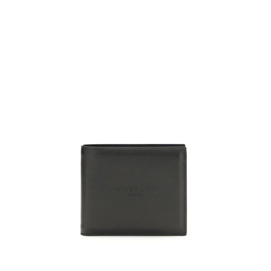Wallet by Givenchy for men in bos taurus calfskin leather black, silver & signature presents a streamlined silhouette, showcasing the sophisticated design of the Bos Taurus Calfskin Leather Wallet collection with functional compact-design bifold.
