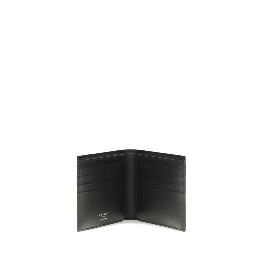 Wallet by Givenchy for men in bos taurus calfskin leather black, silver & signature presents a streamlined silhouette, showcasing the sophisticated design of the Bos Taurus Calfskin Leather Wallet collection with functional compact-design bifold.