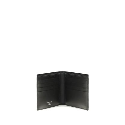 Wallet by Givenchy for men in bos taurus calfskin leather black, silver & signature presents a streamlined silhouette, showcasing the sophisticated design of the Bos Taurus Calfskin Leather Wallet collection with functional compact-design bifold.