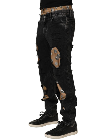 Dolce & Gabbana Black Distressed Cotton Straight Denim Jeans