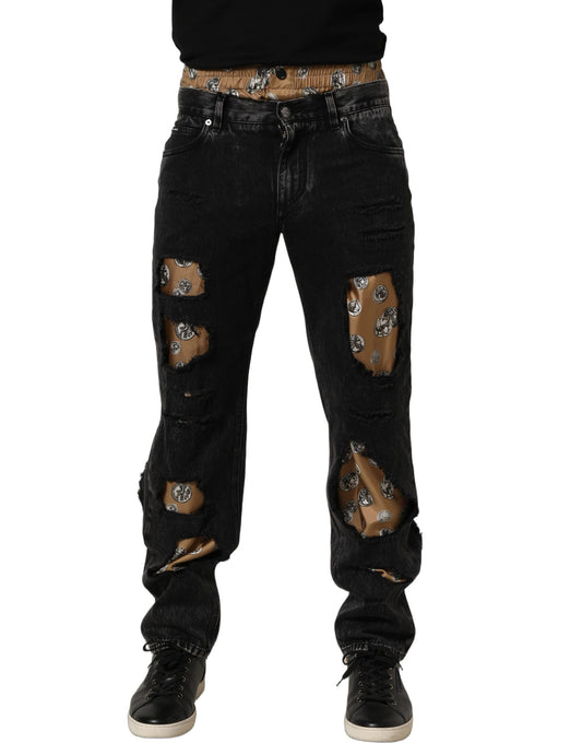 Dolce & Gabbana Men's Straight Regular Fit Denim Cotton Jeans - Black Signature Print
