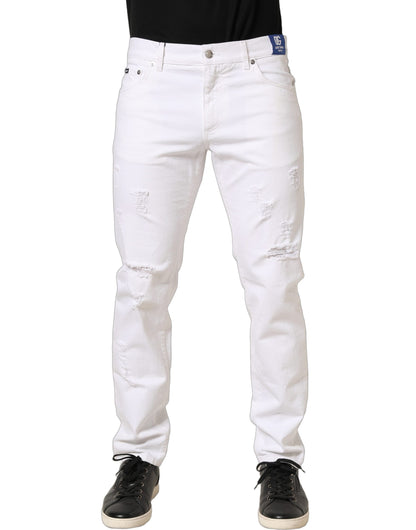 Dolce & Gabbana White Cotton Ripped Slim Fit Men Denim Jeans