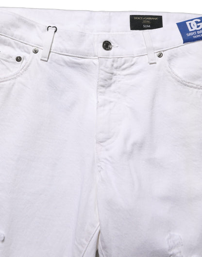 Dolce & Gabbana White Cotton Ripped Slim Fit Men Denim Jeans