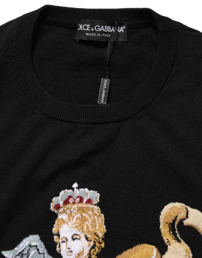 Dolce & Gabbana Black Angels Wool Crew Neck Pullover Sweater