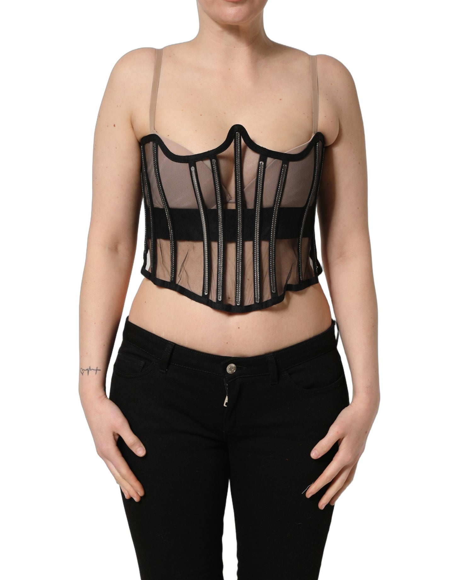 Dolce & Gabbana Black Sheer Tulle Bodysuit Cropped Corset Top