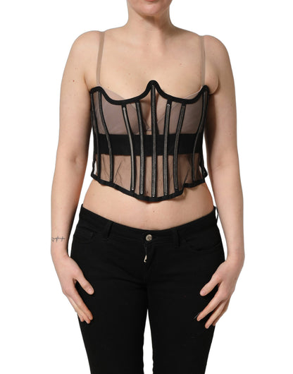 Dolce & Gabbana Black Sheer Tulle Bodysuit Cropped Corset Top