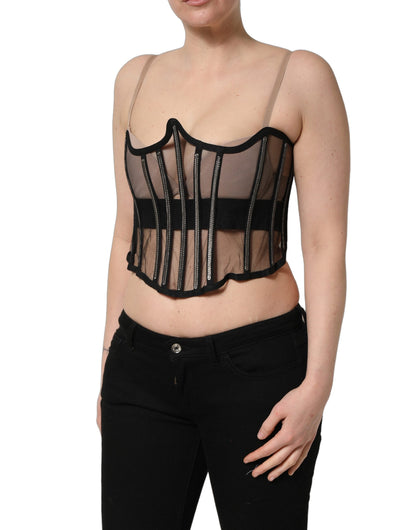Dolce & Gabbana Black Sheer Tulle Bodysuit Cropped Corset Top