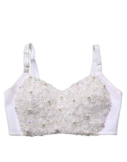 Dolce & Gabbana White Pearls Beaded Corset Bustier Crop Top