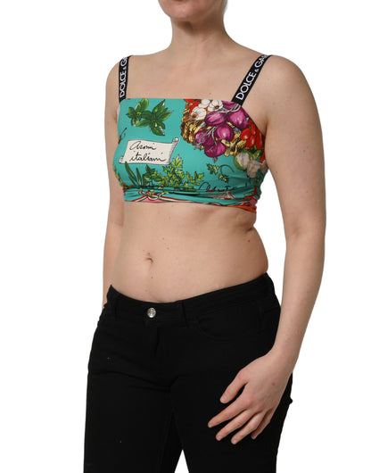Dolce & Gabbana Turquoise Vegetable Print Silk Crop Tank Top