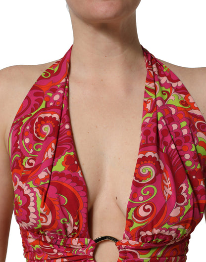 Dolce & Gabbana Red Paisley Silk Halter Neck Crop Tank Top