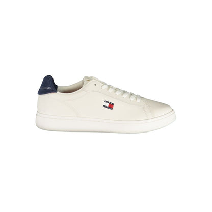 Athletic Sneakers by Tommy Hilfiger for men in polyester polyurethane leather blue, white & print showcases a architectural silhouette, artfully capturing the essence of the Men's Athletic Polyester Polyurethane Leather Sneakers with its signature architectural athletic style construction.