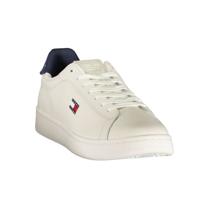 Athletic Sneakers by Tommy Hilfiger for men in polyester polyurethane leather blue, white & print features an architectural silhouette, showcasing the premium athletic style of the Men's Athletic Polyester Polyurethane Leather Sneakers with an architectural finish.