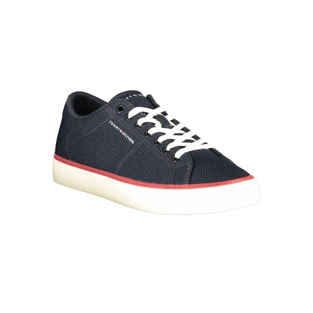 Athletic Sneakers by Tommy Hilfiger for men in polyester polyurethane leather blue, burgundy & print showcases a architectural silhouette, artfully capturing the essence of the Men's Athletic Polyester Polyurethane Leather Sneakers with its signature architectural athletic style construction.