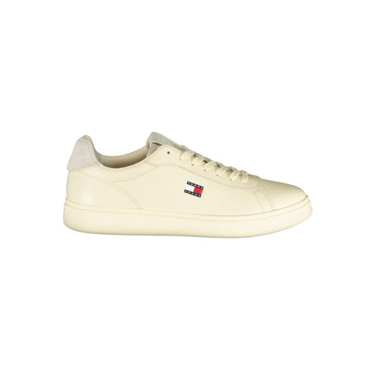 Athletic Sneakers by Tommy Hilfiger for men in polyester polyurethane leather beige, white & print features an stately silhouette, showcasing the signature athletic style of the Men's Athletic Polyester Polyurethane Leather Sneakers collection with a truly stately finish.
