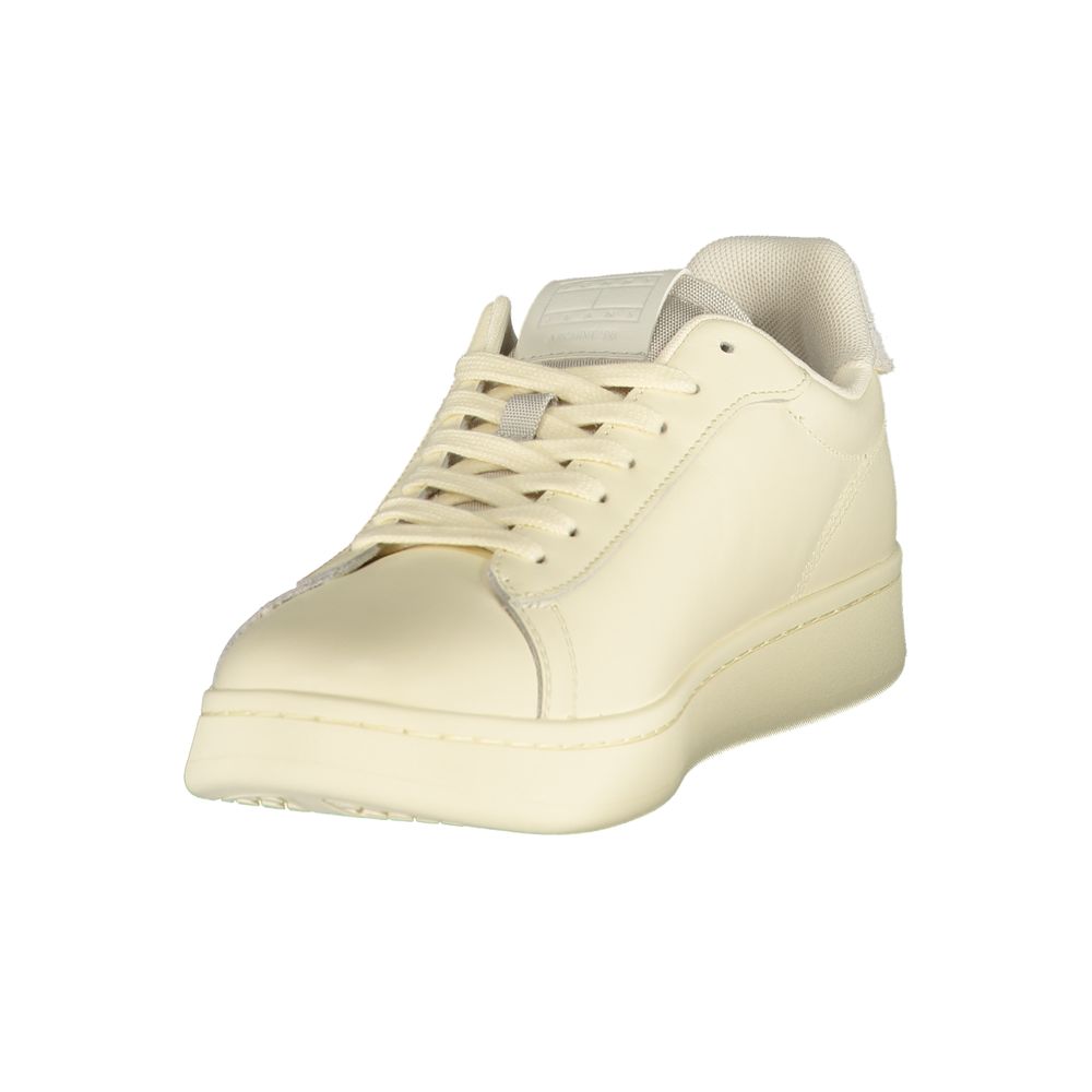 Athletic Sneakers by Tommy Hilfiger for men in polyester polyurethane leather beige, white & print features an architectural silhouette, showcasing the premium athletic style of the Men's Athletic Polyester Polyurethane Leather Sneakers with an architectural finish.