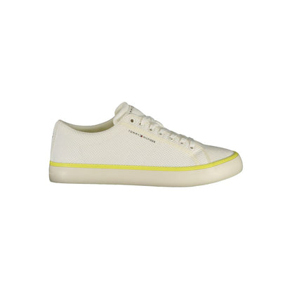 Athletic Sneakers by Tommy Hilfiger for men in polyester polyurethane leather white & yellow presents a sleek silhouette, perfectly capturing the athletic style essence of Men's Athletic Polyester Polyurethane Leather Sneakers with its sleek design and premium finish.