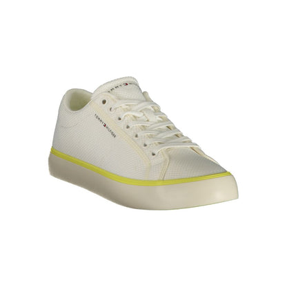 Athletic Sneakers by Tommy Hilfiger for men in polyester polyurethane leather white & yellow features an architectural silhouette from the Men's Athletic Polyester Polyurethane Leather Sneakers collection, showcasing a architectural athletic style for a architectural look.