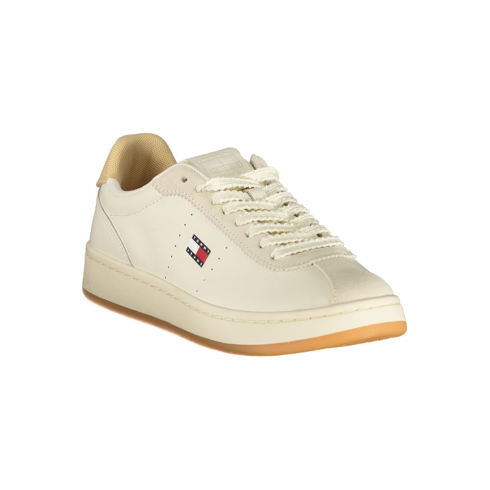 Athletic Sneakers by Tommy Hilfiger for women in polyester polyurethane leather beige & print features an stately silhouette, showcasing the signature athletic style of the Women's Athletic Polyester Polyurethane Leather Sneakers collection with a truly stately finish.