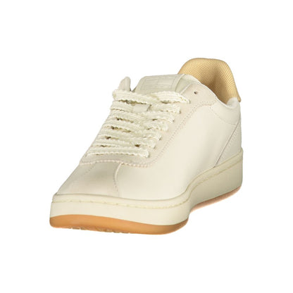 Athletic Sneakers by Tommy Hilfiger for women in polyester polyurethane leather beige & print features an architectural silhouette, showcasing the premium athletic style of the Women's Athletic Polyester Polyurethane Leather Sneakers with an architectural finish.