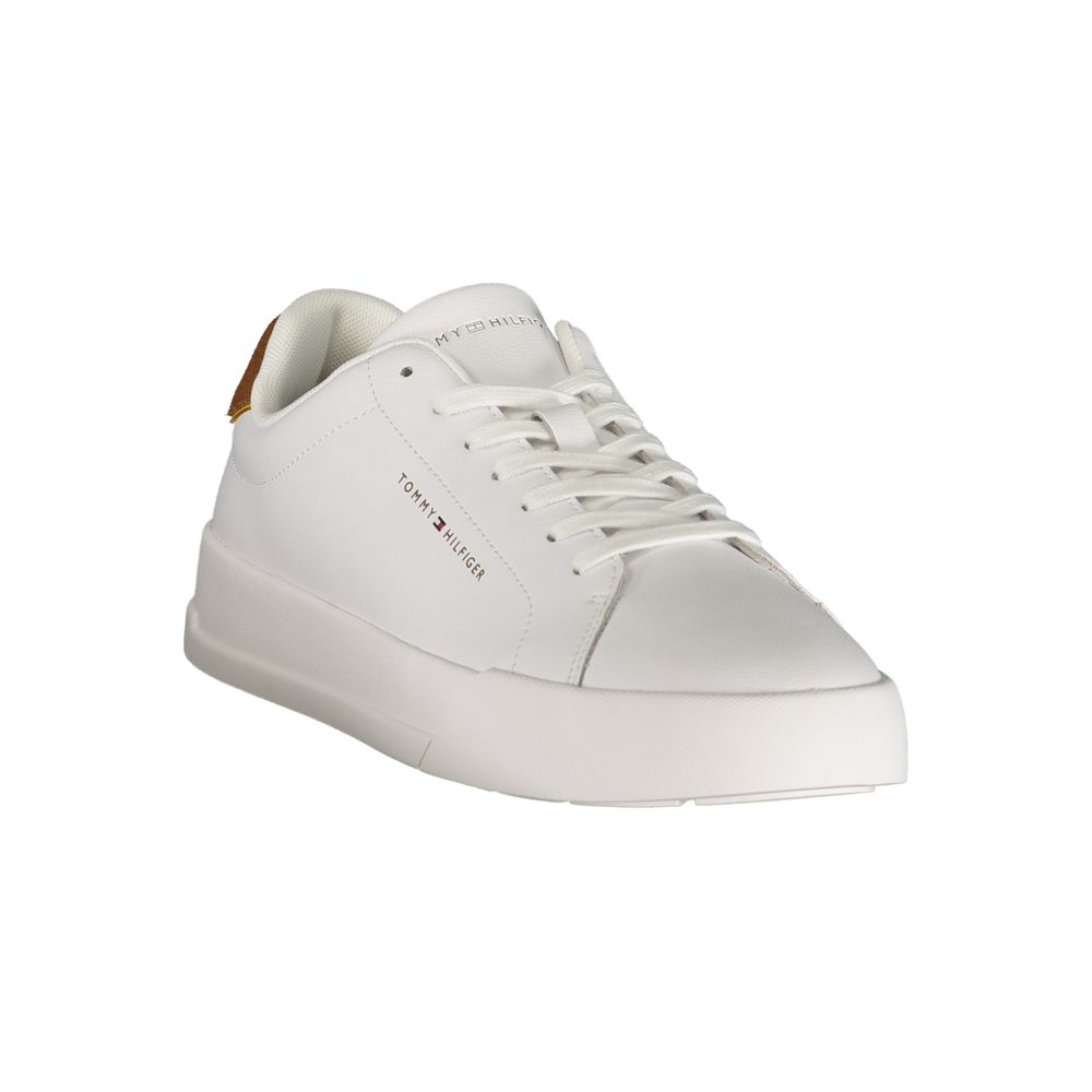 Athletic Sneakers by Tommy Hilfiger for men in polyester brown, white & print features an architectural silhouette, showcasing the premium athletic style of the Men's Athletic Polyester Sneakers with an architectural finish.