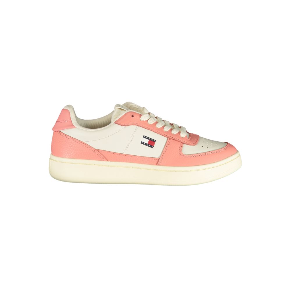 Athletic Sneakers by Tommy Hilfiger for women in polyester pink, white & print showcases a architectural silhouette, artfully capturing the essence of the Women's Athletic Polyester Sneakers with its signature architectural athletic style construction.