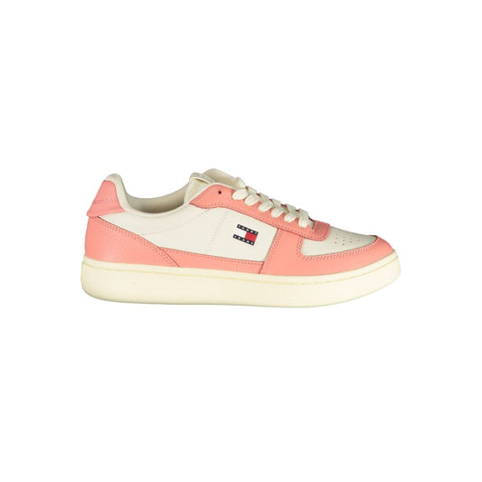 Athletic Sneakers by Tommy Hilfiger for women in polyester pink, white & print showcases a architectural silhouette, artfully capturing the essence of the Women's Athletic Polyester Sneakers with its signature architectural athletic style construction.